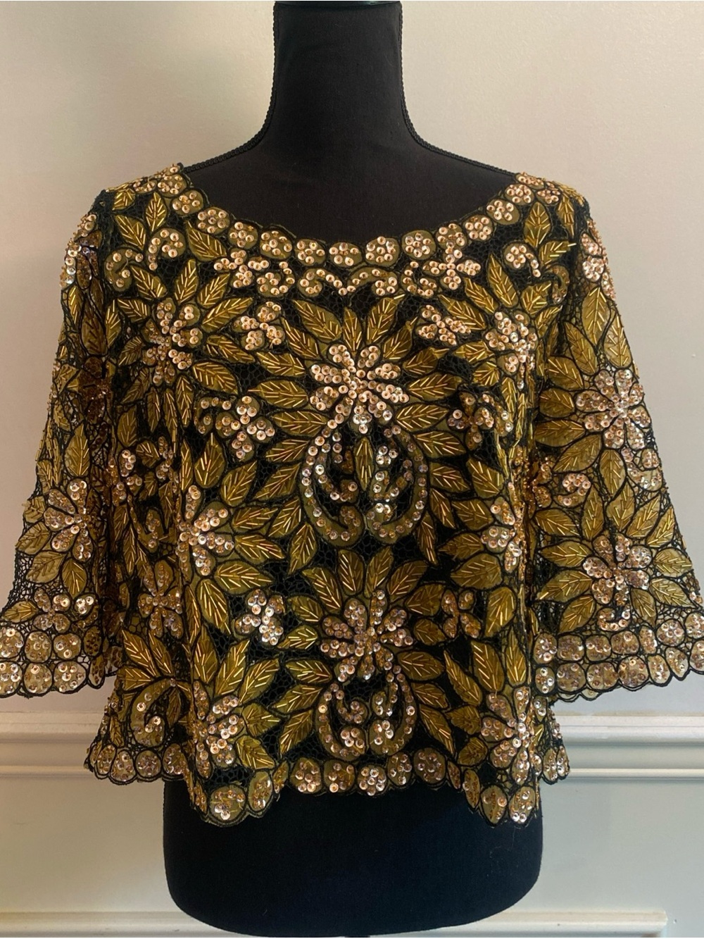 Black Lace Blouse with Gold Leaf Sequin Embroidery Handmade Sheer Mesh Cover
